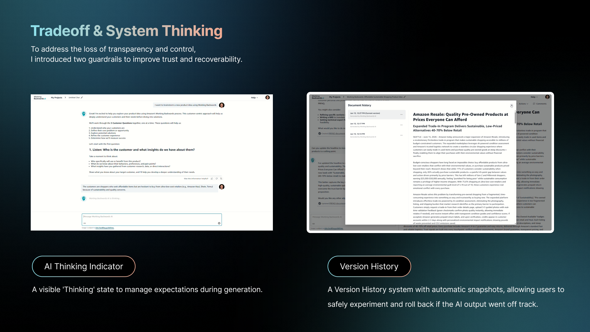 Trust guardrails — AI thinking indicator and version history with automatic snapshots