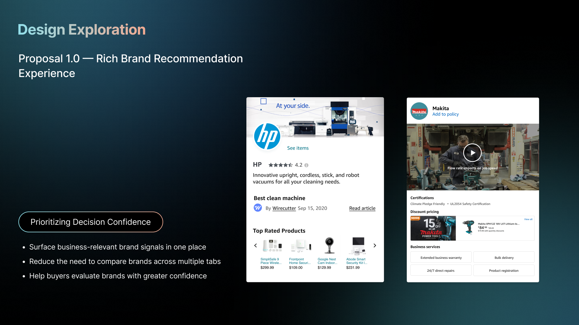 Proposal 1.0 — rich brand recommendation experience with detailed brand cards