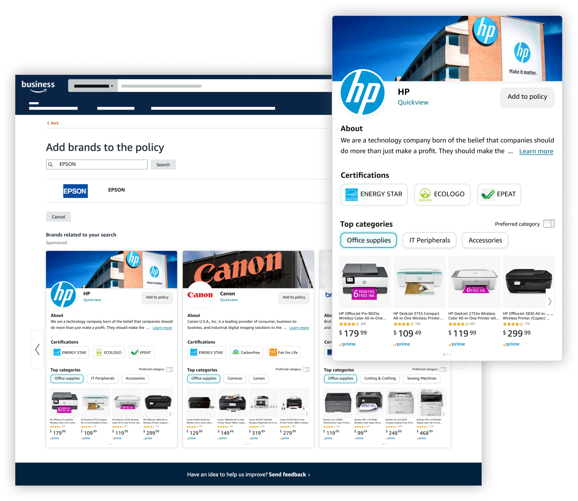 Amazon Business preferred brand policy page with sponsored brand recommendations