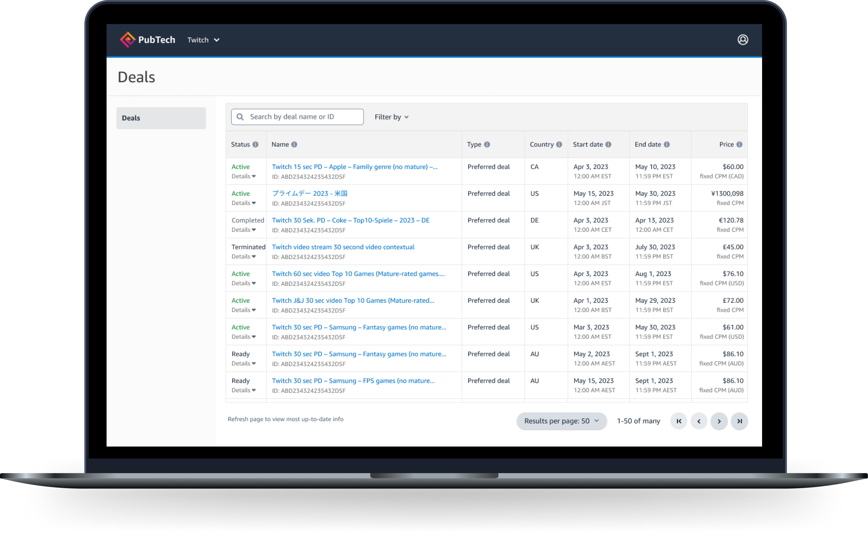 Amazon PubTech deals dashboard on a laptop