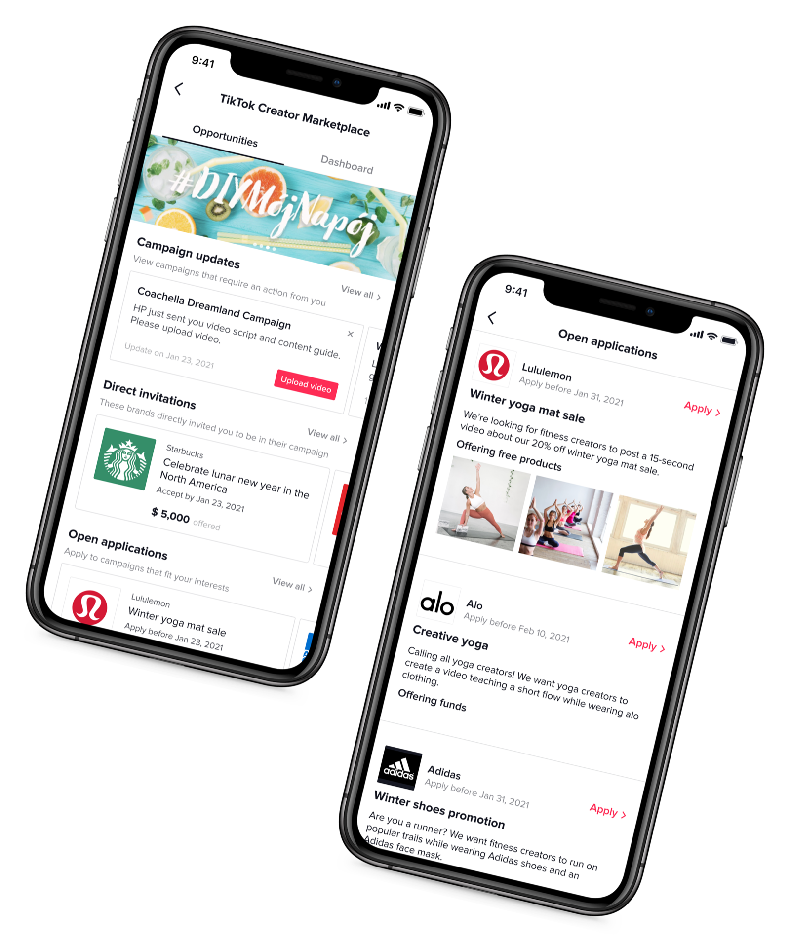 TikTok Creator Marketplace campaign and application screens on two phones