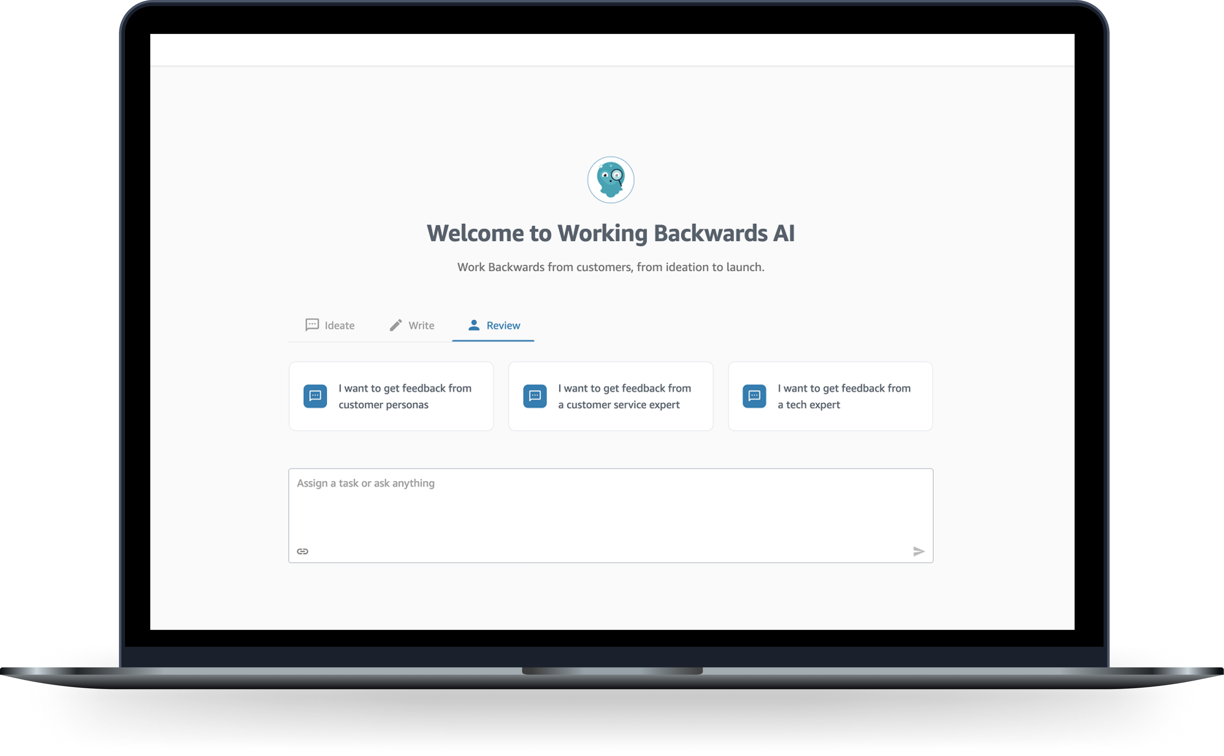 Working Backwards AI welcome screen on a laptop